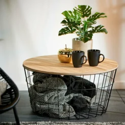CASA WIRE XL Tavolino Portatutto XL Nero, Naturale| Cesti Di Metallo|Tavoli Da Soggiorno